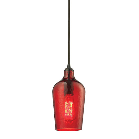 Elk Lighting 10331/1HRD Hammered Glass 1 Light Pendant In Oil Rubbed Bronze And Red Glass