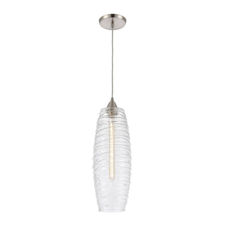 Elk Lighting 21192/1 1-Light Mini Pendant in Satin Nickel with Clear Glass with Ribbed Swirls