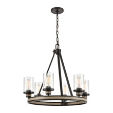 Elk Lighting 89159/6 6-Light Chandelier in Anvil Iron and Distressed Antique Graywood with Seedy Glass