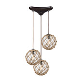 Coastal Inlet 3-Light Triangular Pendant Fixture in Oiled Bronze with Rope and Clear Glass - Elk Lighting 10715/3