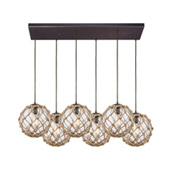 Coastal Inlet 6-Light Rectangular Pendant Fixture in Oiled Bronze with Rope and Clear Glass - Elk Lighting 10715/6RC