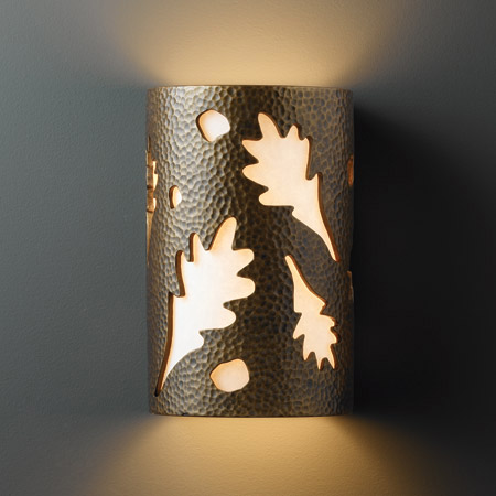 Justice Design CER-7465W-HMBR Ambiance Small Oak Leaves Outdoor Wall Sconce