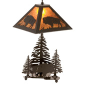 Rustic Buffalo and Pine Trees Mica Table Lamp - Meyda Tiffany 15380